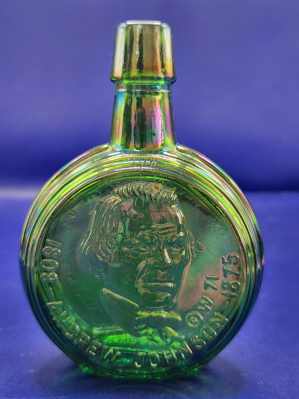 Vintage Mini Wheaton Green Carnival Glass Andrew Johnson Presidential Bottle